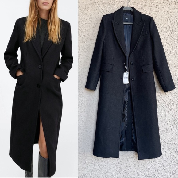 Mango Jackets & Blazers - MANGO NWT Black Subtle Herringbone Embossed Lapels Wool Coat Wool Trench Coat